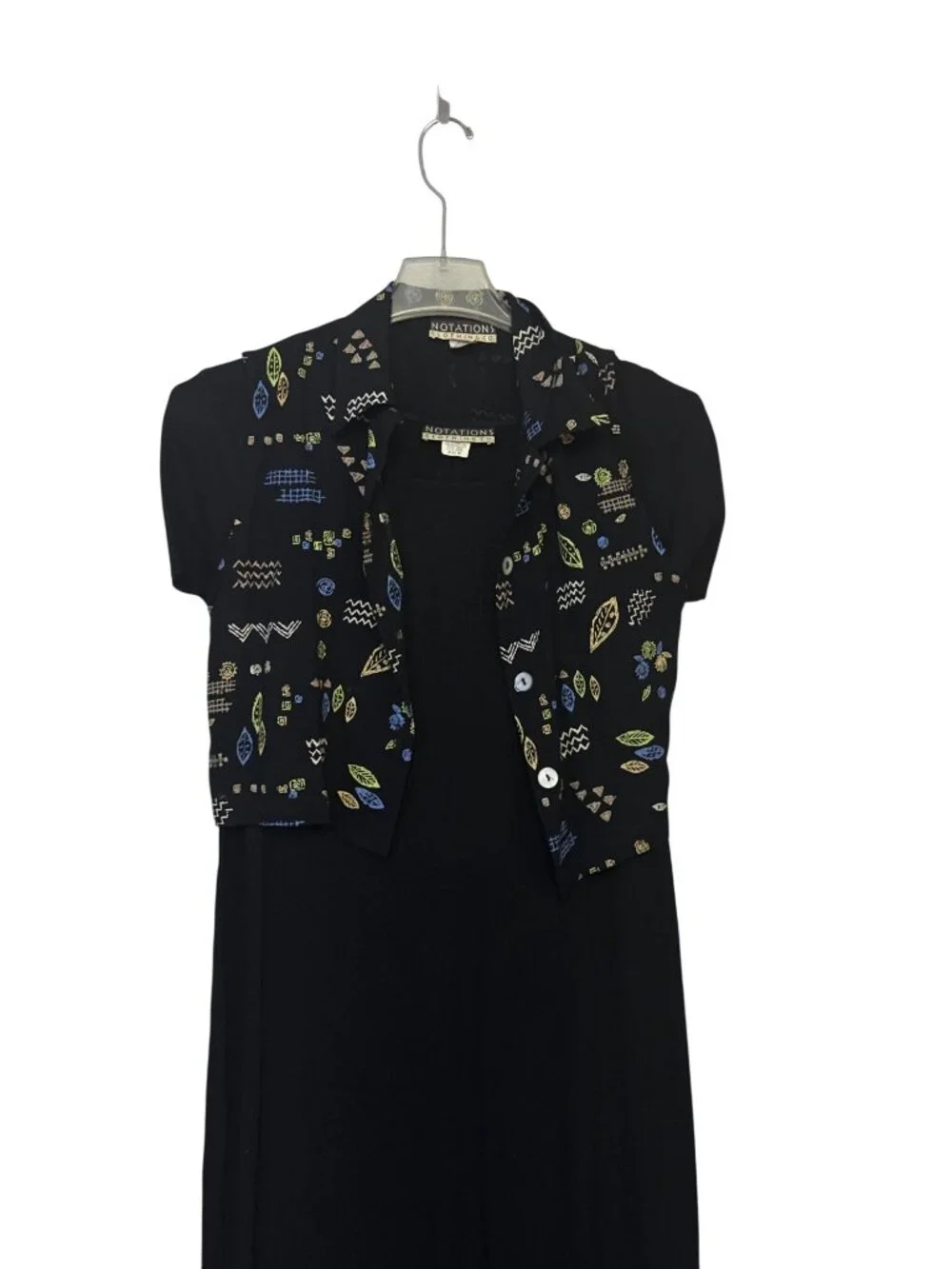Notations Womens Black Midi Dress With Patterned Button Down Vest Size M - Picture 3 of 14